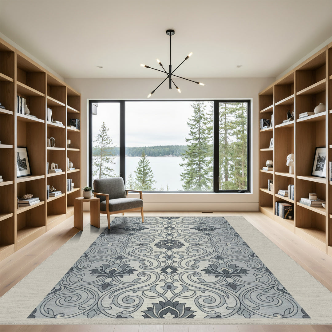 Gray Floral Swirl Damask Rug