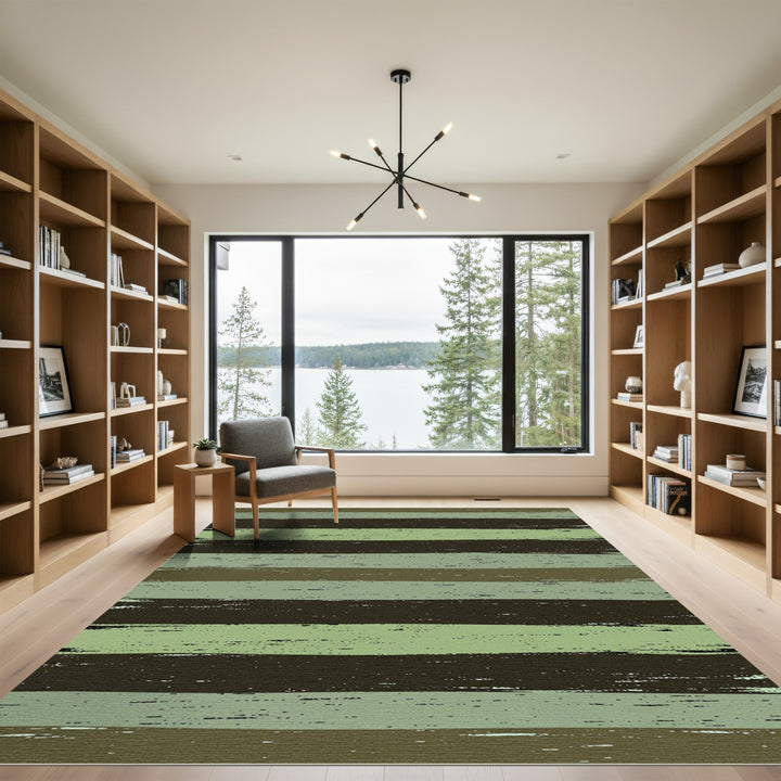 Earthy Green Brown Brush Stroke Stripes Rug