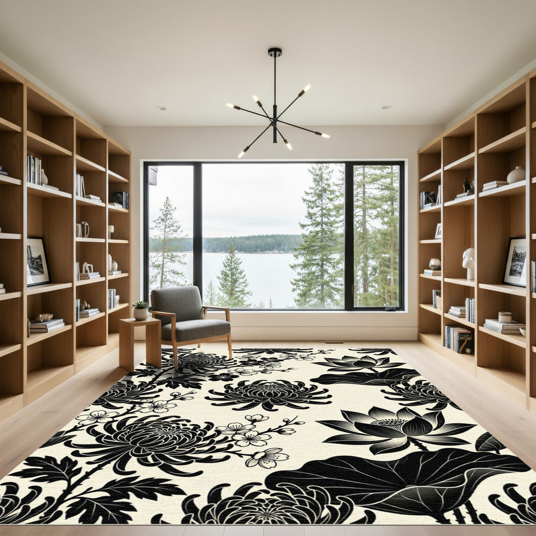 Black Chrysanthemum and Lotus Floral Rug