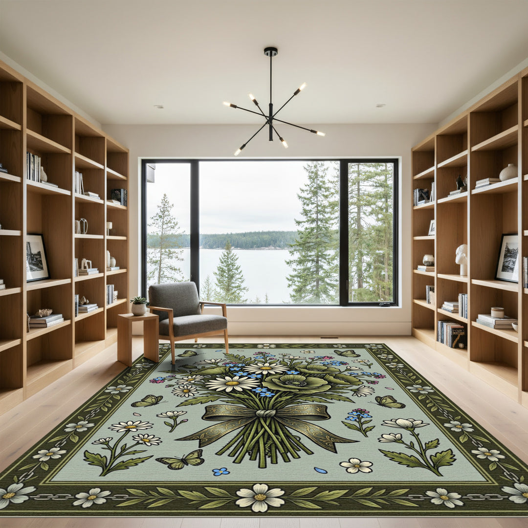 Green Meadow Bouquet Butterflies Rug