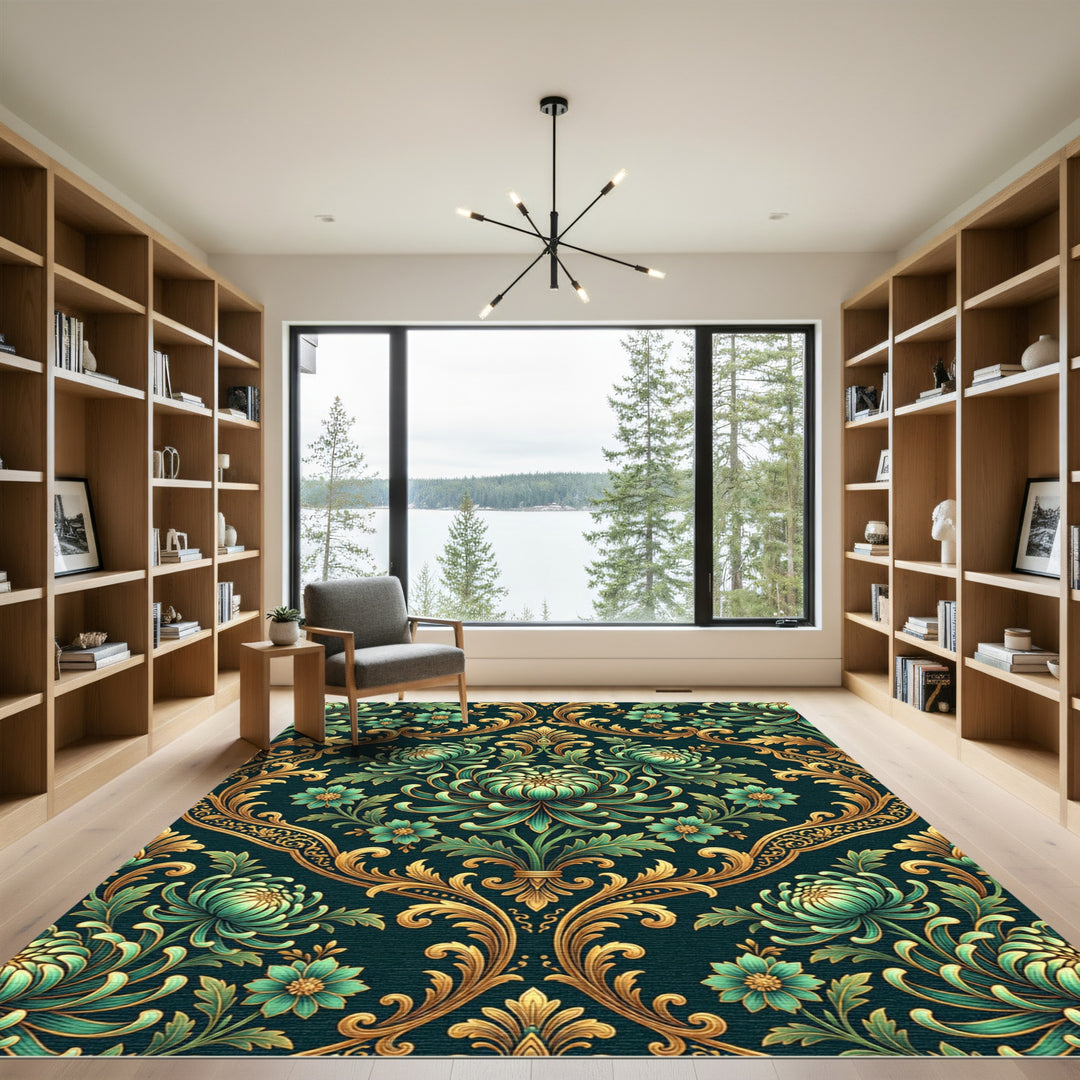 Elegant Teal Floral Gold Damask Rug