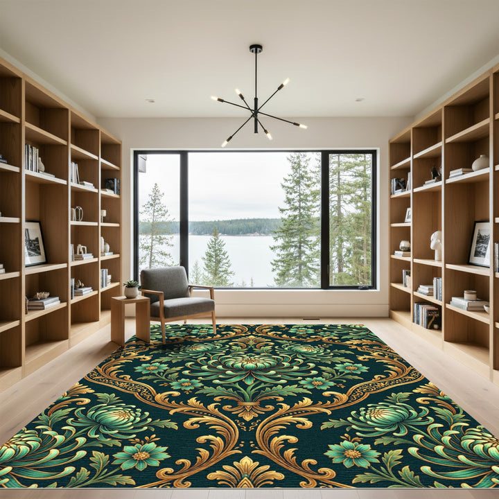 Elegant Teal Floral Gold Damask Rug