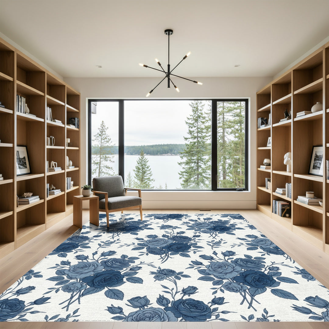 Indigo Blue Rose Bouquet Vintage Rug