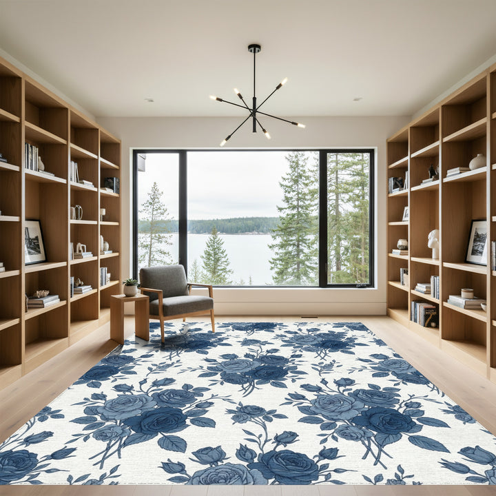 Indigo Blue Rose Bouquet Vintage Rug