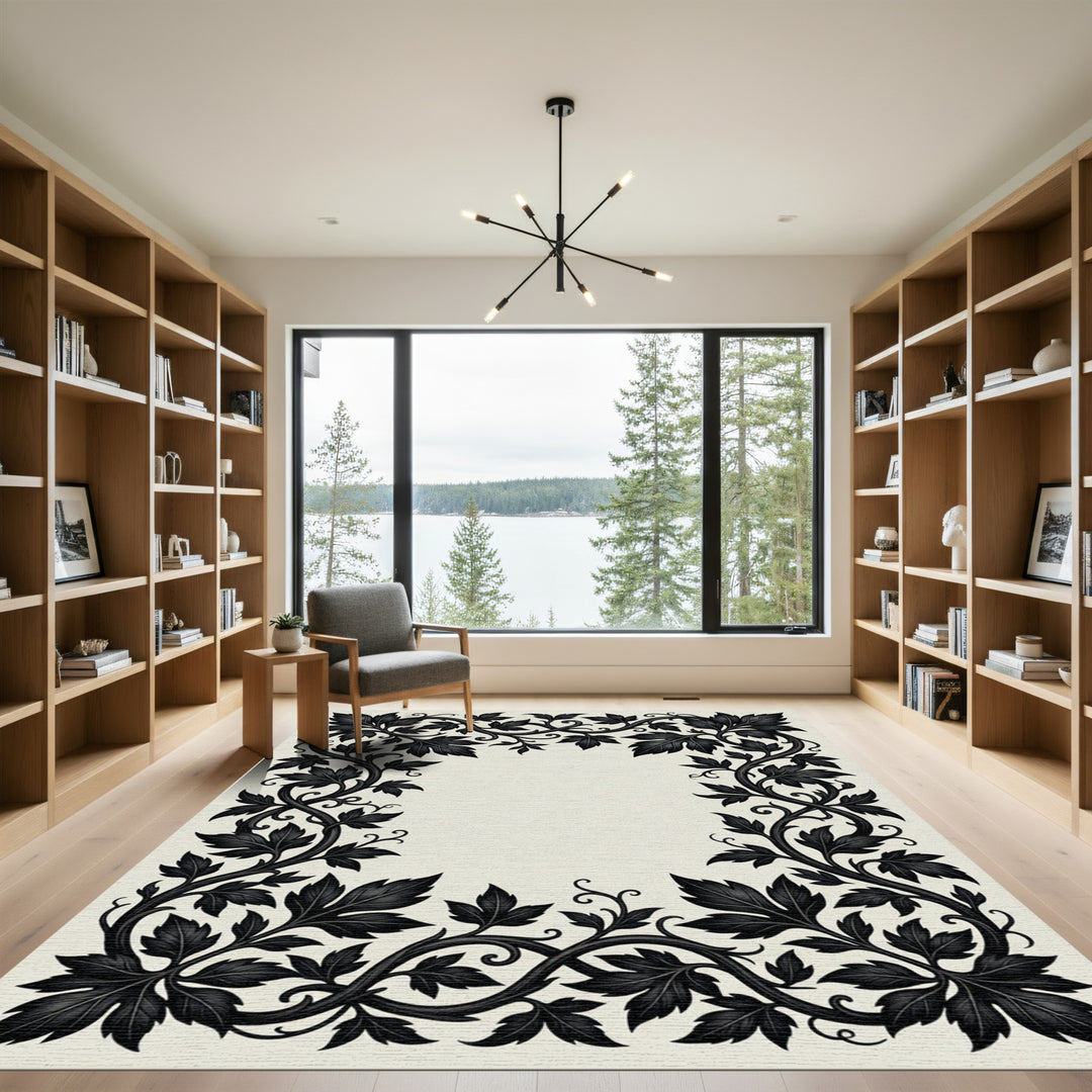 Black Leafy Vine Accents Rug