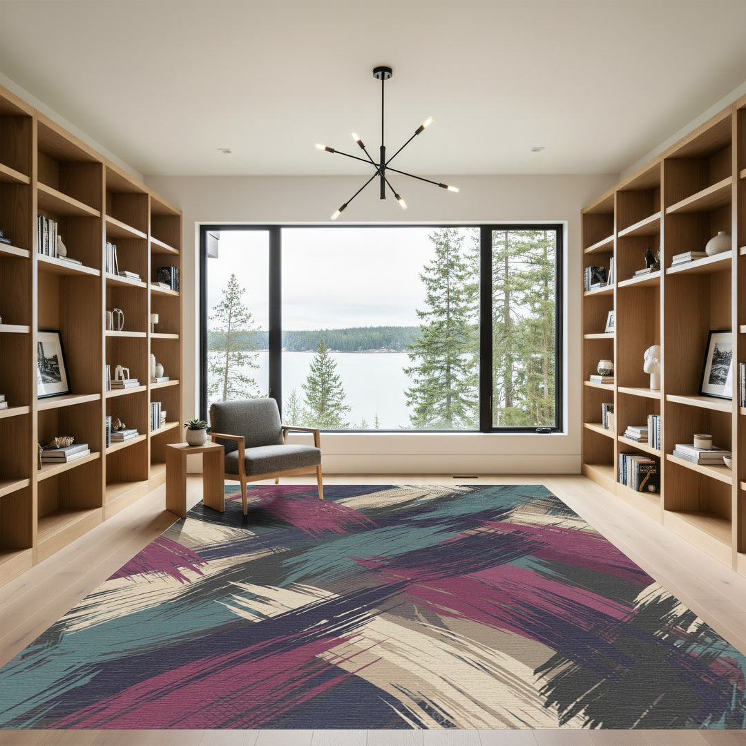 Bold Crimson Teal Brushstroke Abstract Rug