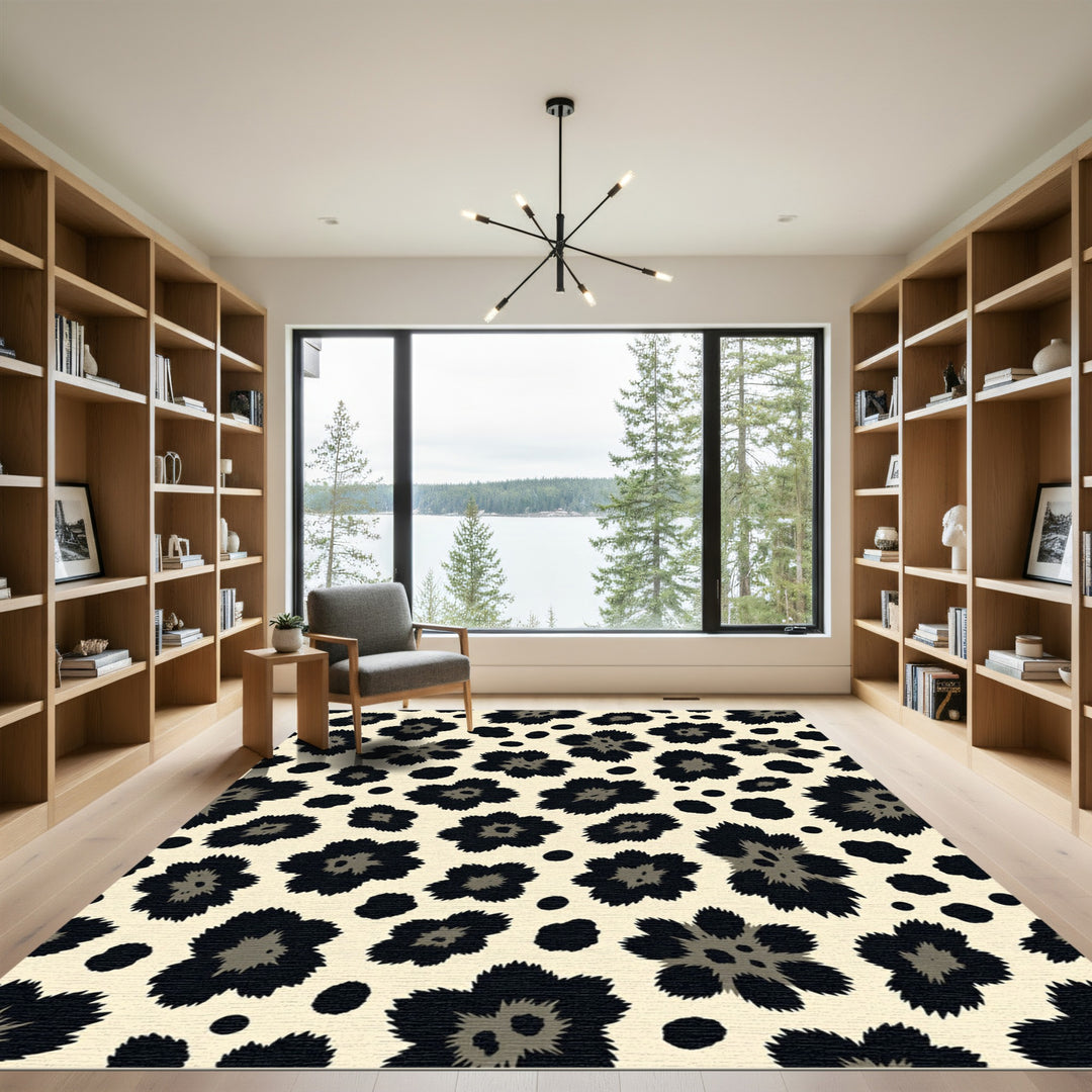 Leopard Spot Flower Black Cream Rug