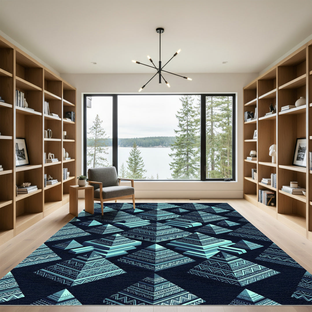 Blue Geometric Pyramid Pattern Rug