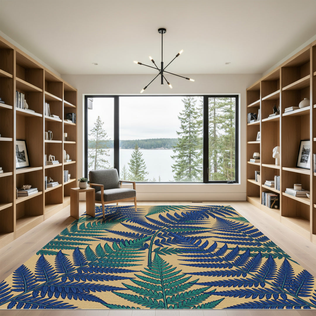 Blue Green Fern Foliage Pattern Rug