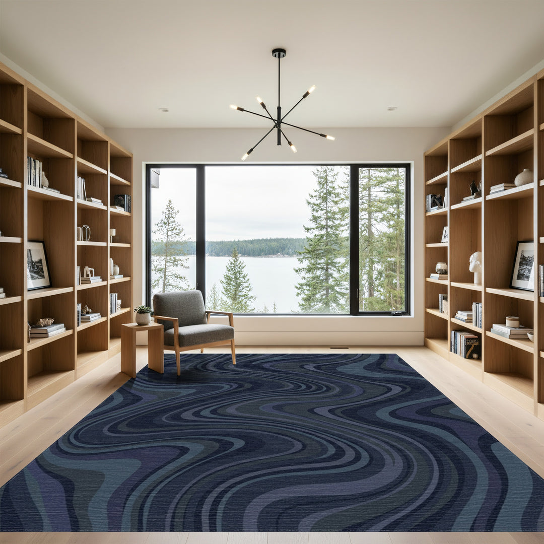 Dark Blue Fluid Swirl Ripples Rug