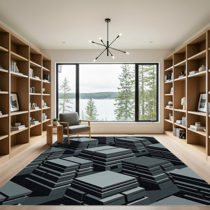 Monochromatic Geometric Cityscape Rug