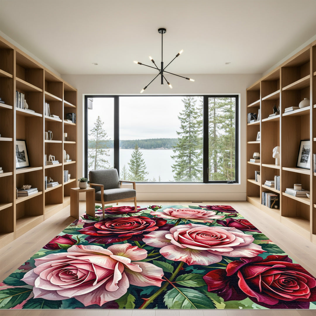 Vibrant Crimson Rose Garden Watercolor Rug