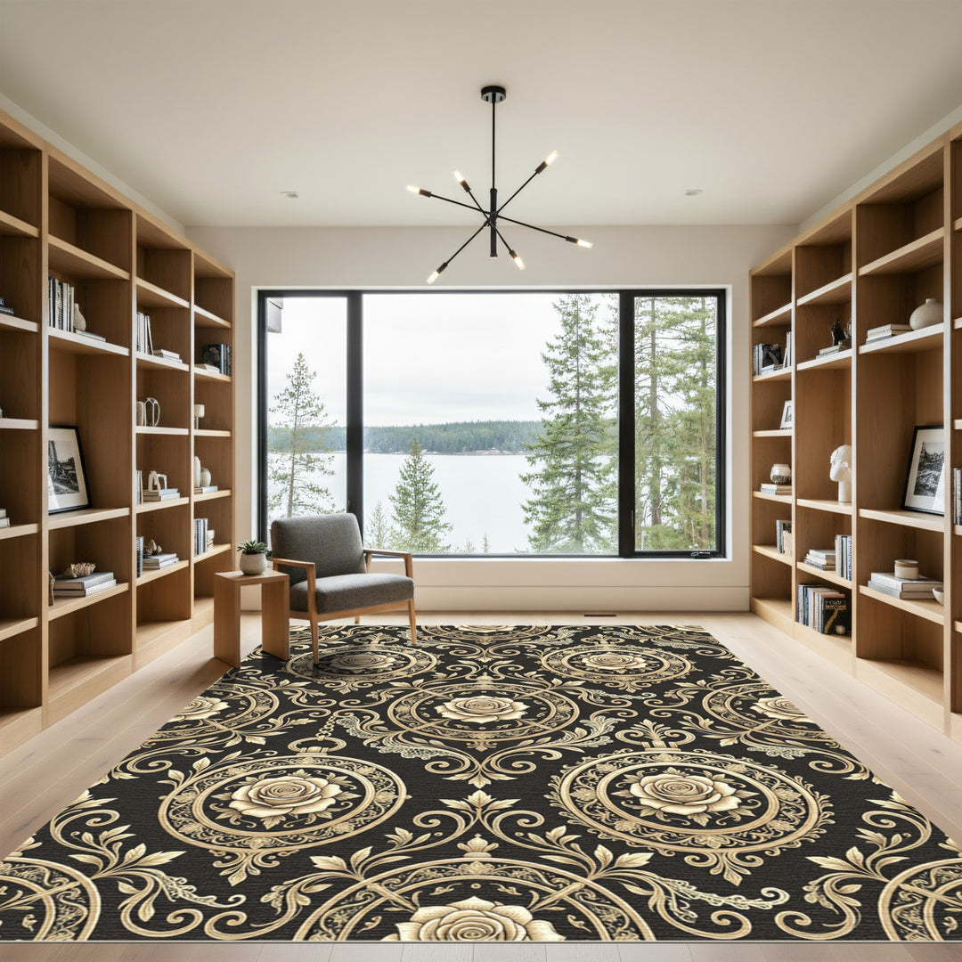 Ornate Golden Rose Medallion Rug