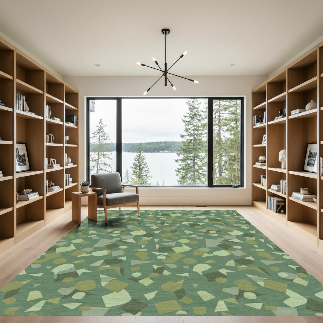 Earthy Green Abstract Geometric Collage Rug