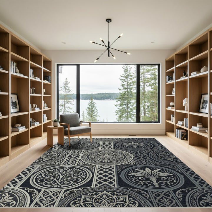Elegant Silver Damask Geometric Rug