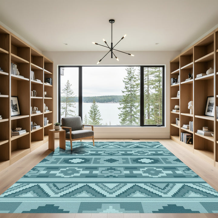 Teal Geometric Staircase Medallion Rug