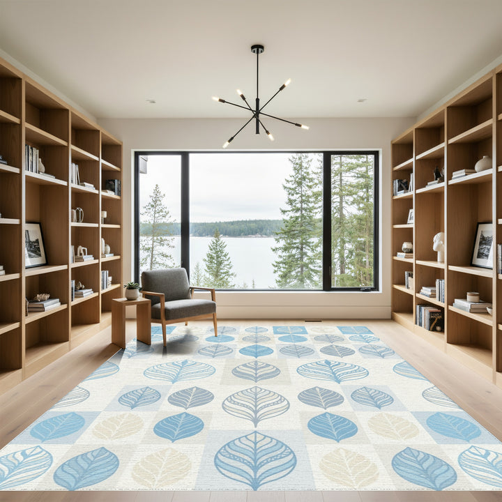 Soft Blue Leaf Botanical Squares Rug