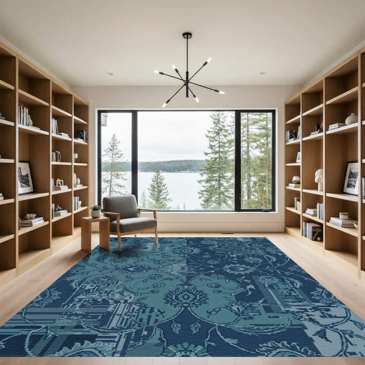 Teal Blue Botanical Pixelated Medallions Rug