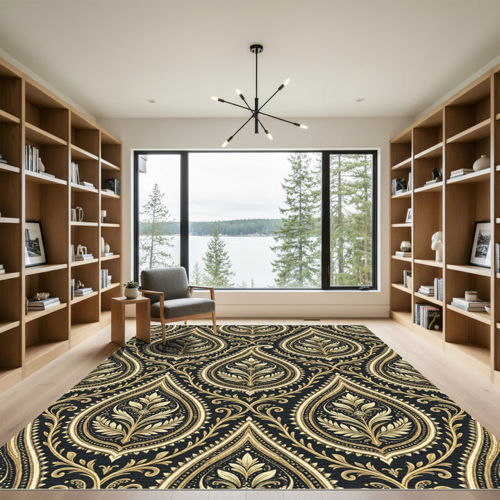 Ornate Paisley Black and Gold Rug