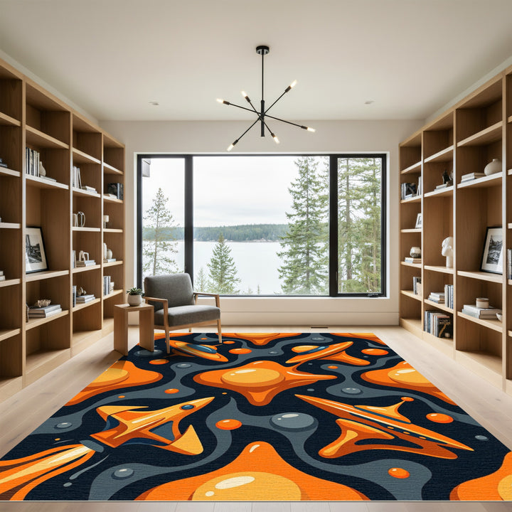 Orange Spaceship Galaxy Abstract Art Rug