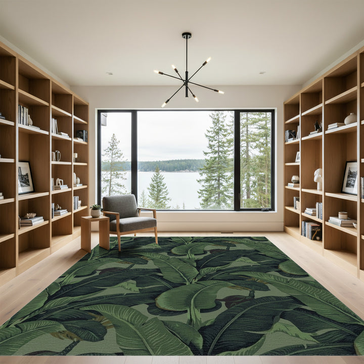 Deep Forest Green Tropical Banana Leaves Rug