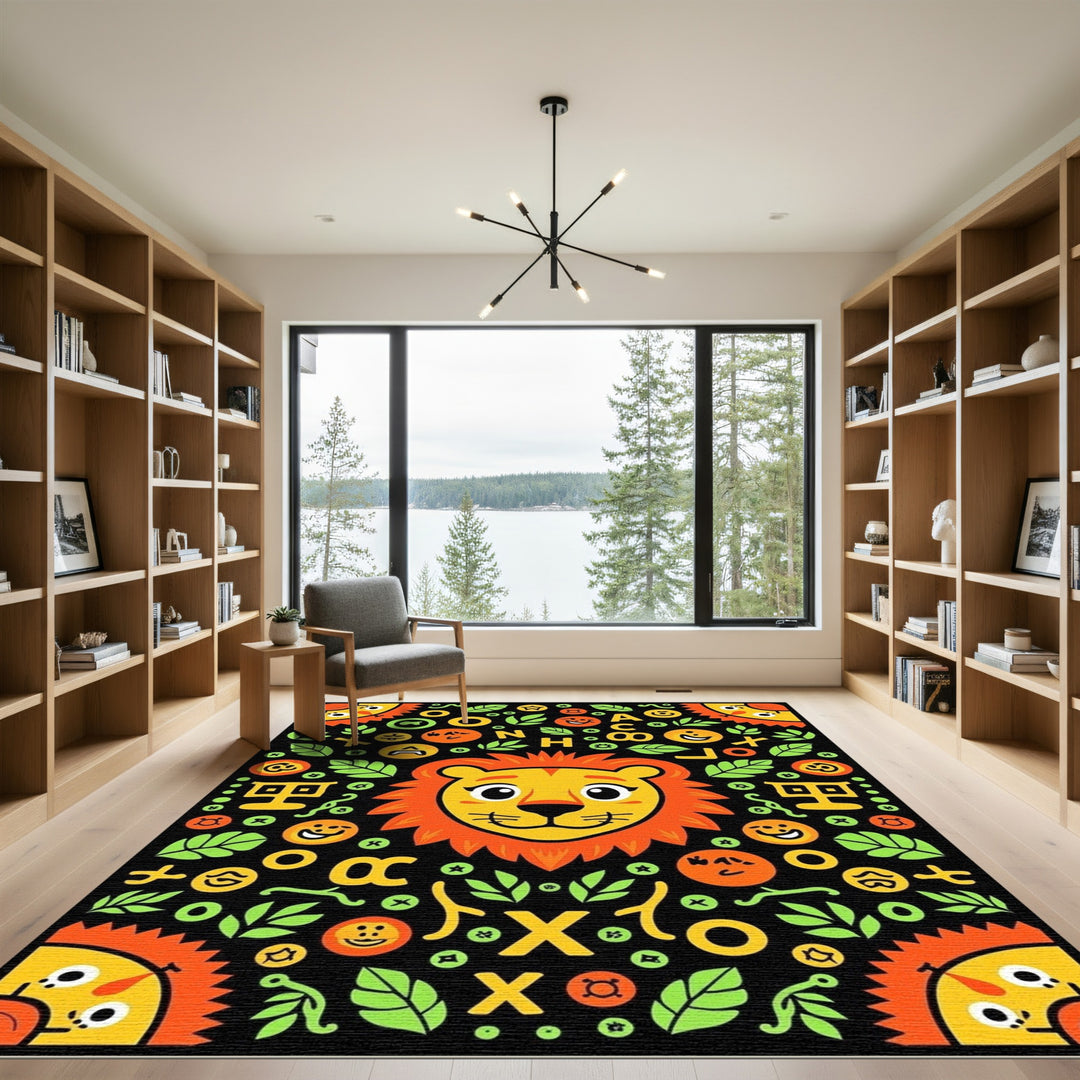 Playful Lion Roaring Yellow Green Creatures Rug