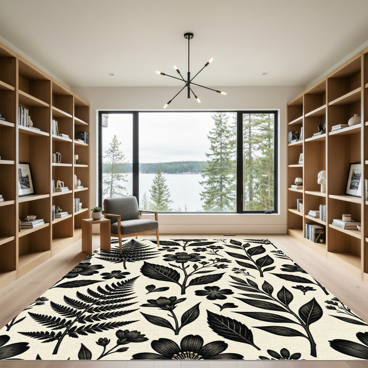 Black Botanical Ferns And Flowers Rug