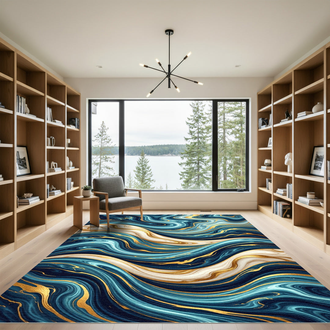 Deep Navy Blue And Gold Waves Rug
