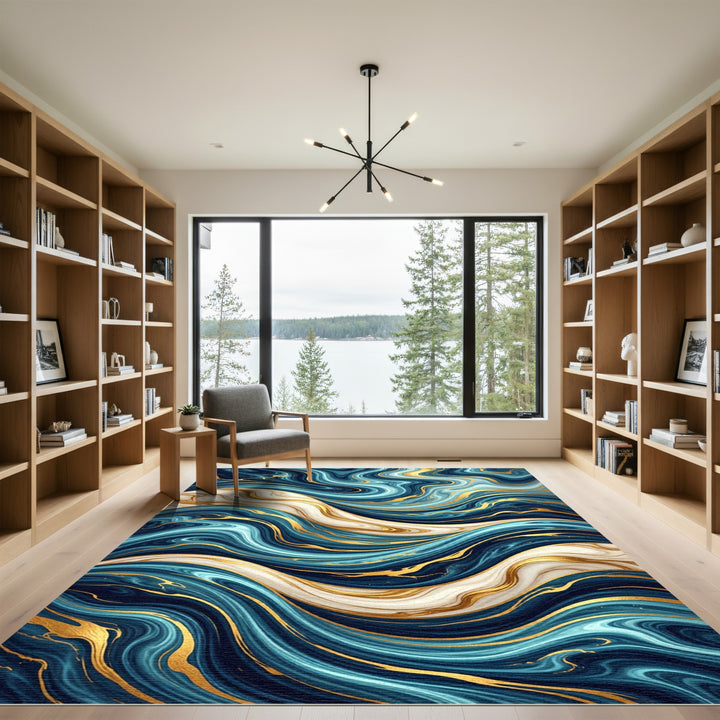 Deep Navy Blue And Gold Waves Rug