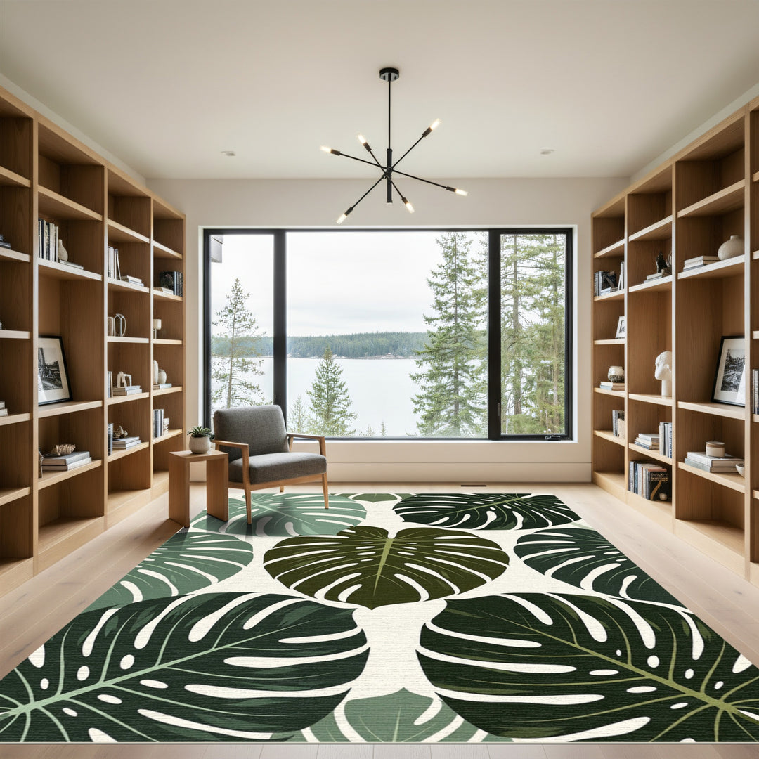 Green Tropical Monstera Leaf Pattern Rug