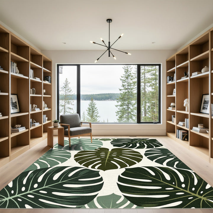 Green Tropical Monstera Leaf Pattern Rug