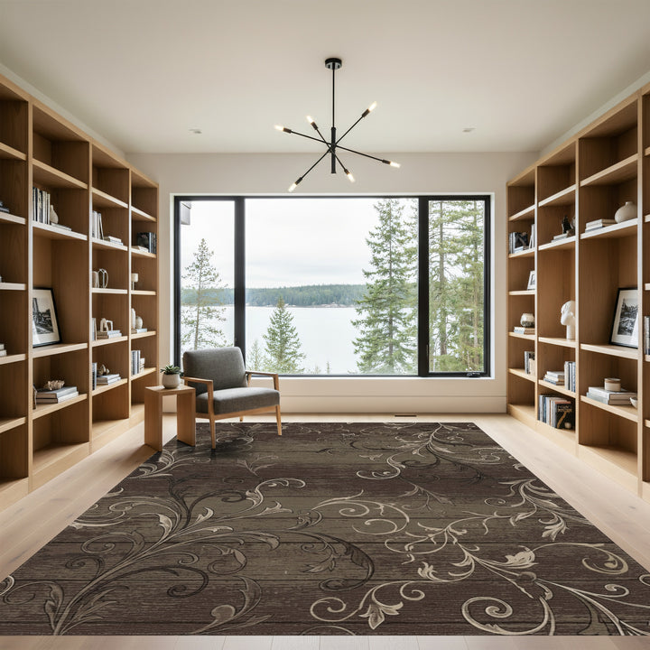 Rustic Brown Scrollwork Vine Rug