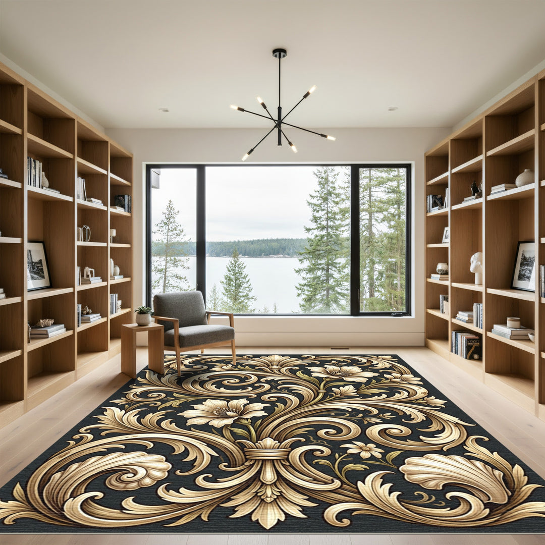 Ornate Golden Floral Acanthus Rug