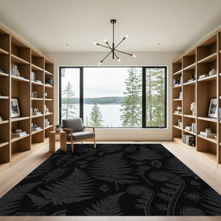 Dark Charcoal Fern Botanical Illustration Rug