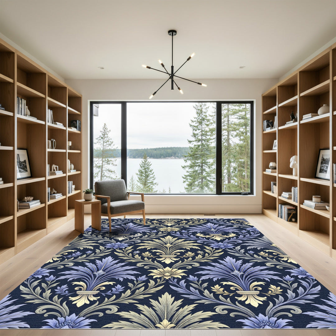Vintage Blue Yellow Acanthus Scroll Rug