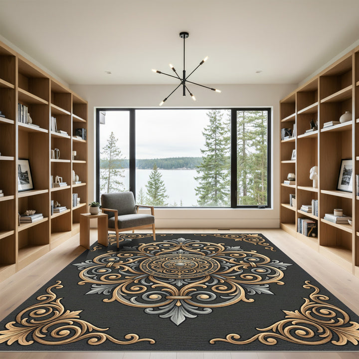 Ornate Gold Black Scroll Medallion Rug