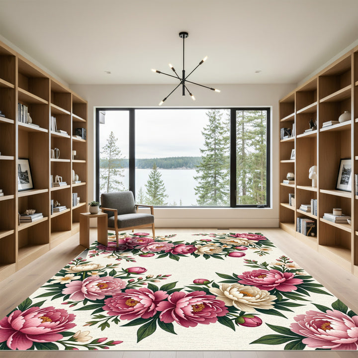 Vintage Pink Peony Garden Floral Rug