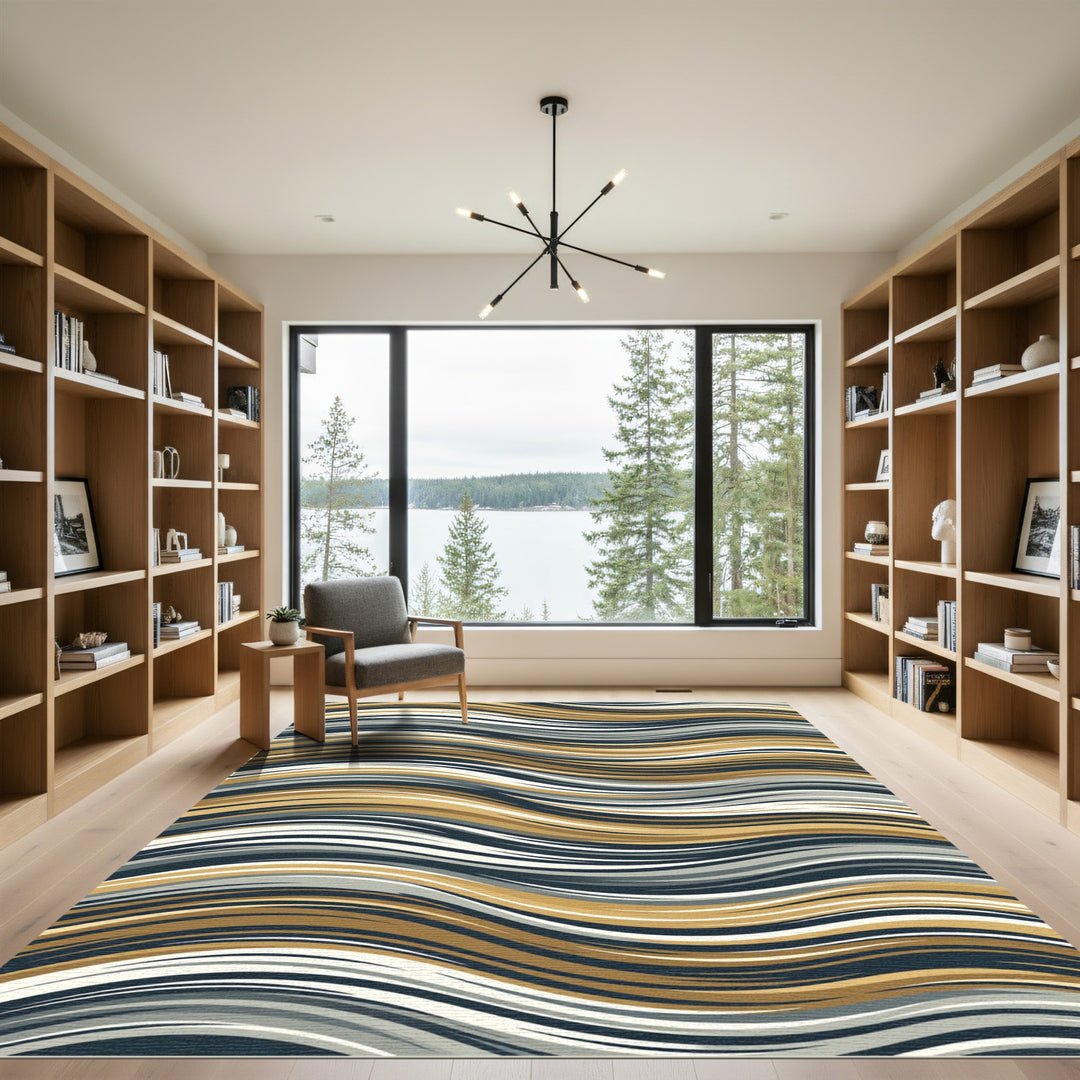 Bold Gold Gray Abstract Wave Rug