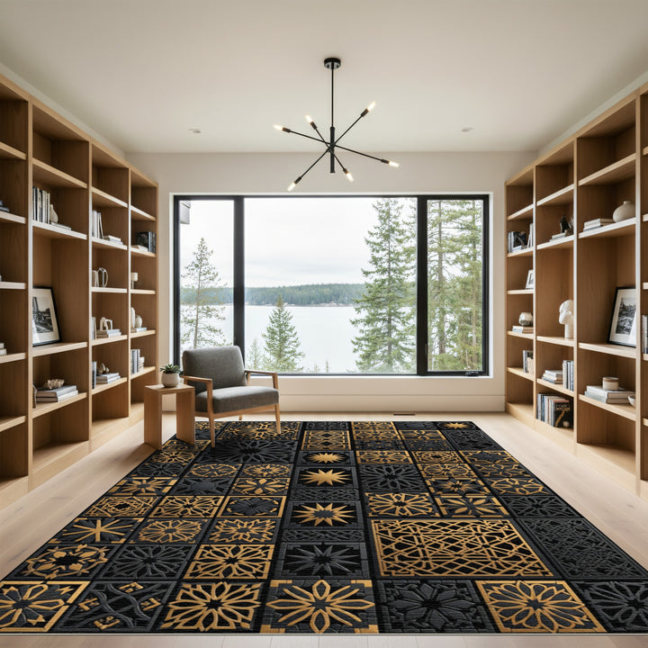 Black Gold Geometric Star Mandala Rug