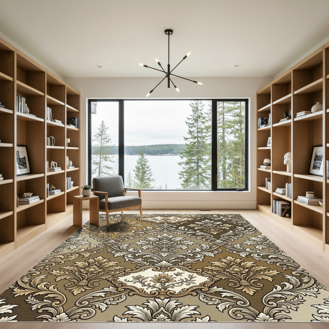 Ornate Gold Brown Damask Medallion Rug