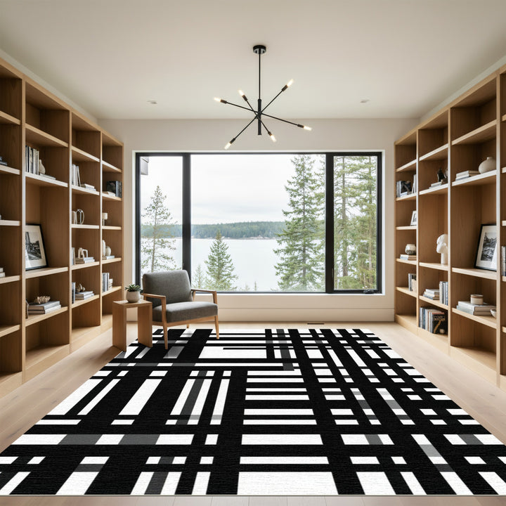 Black White Geometric Plaid Ticking Rug