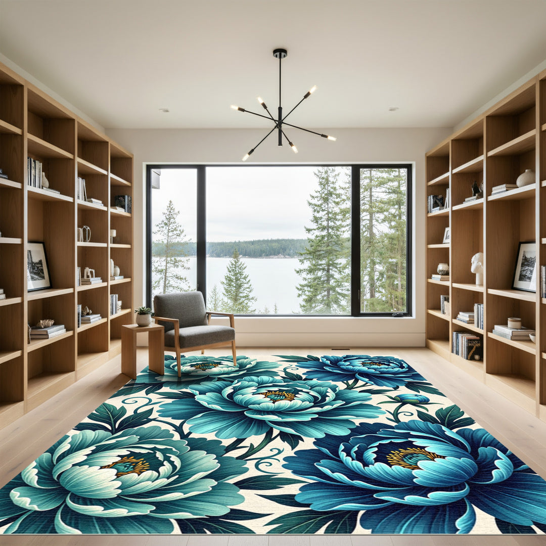 Turquoise Peony Flower Botanical Art Rug