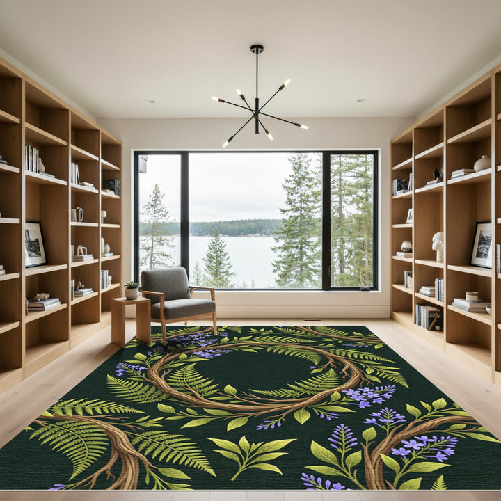 Earthy Woodland Fern Wreath Rug