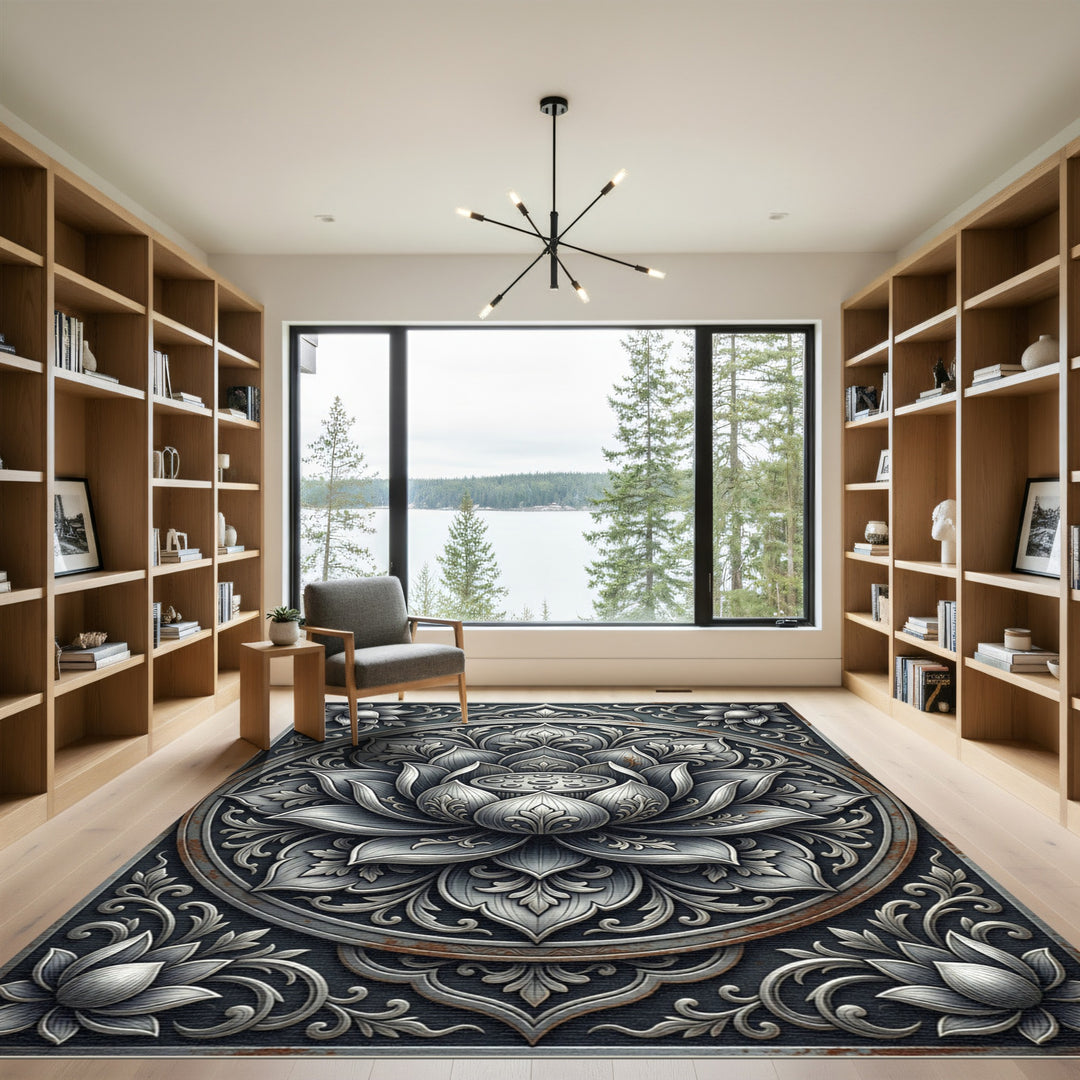 Ornate Silver Lotus Mandala Rug