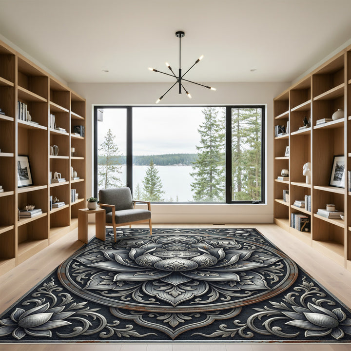 Ornate Silver Lotus Mandala Rug