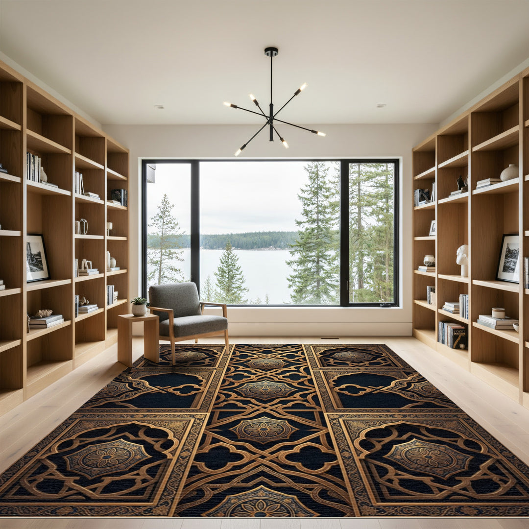 Ornate Gold Arabesque Geometric Rug