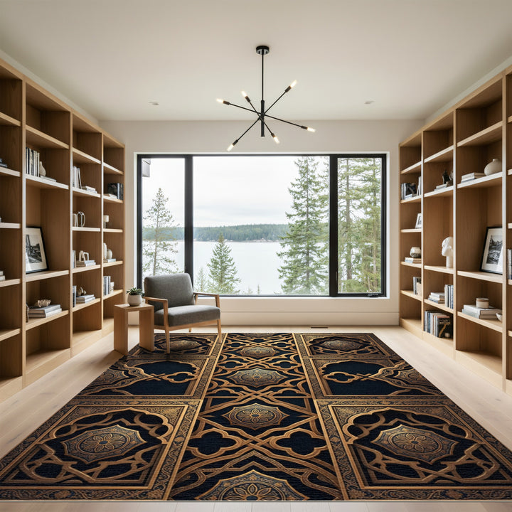 Ornate Gold Arabesque Geometric Rug