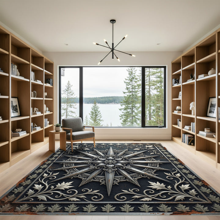 Ornate Silver Compass Rose Rug