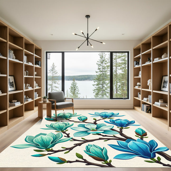 Turquoise Blue Magnolia Blossom Branch Rug