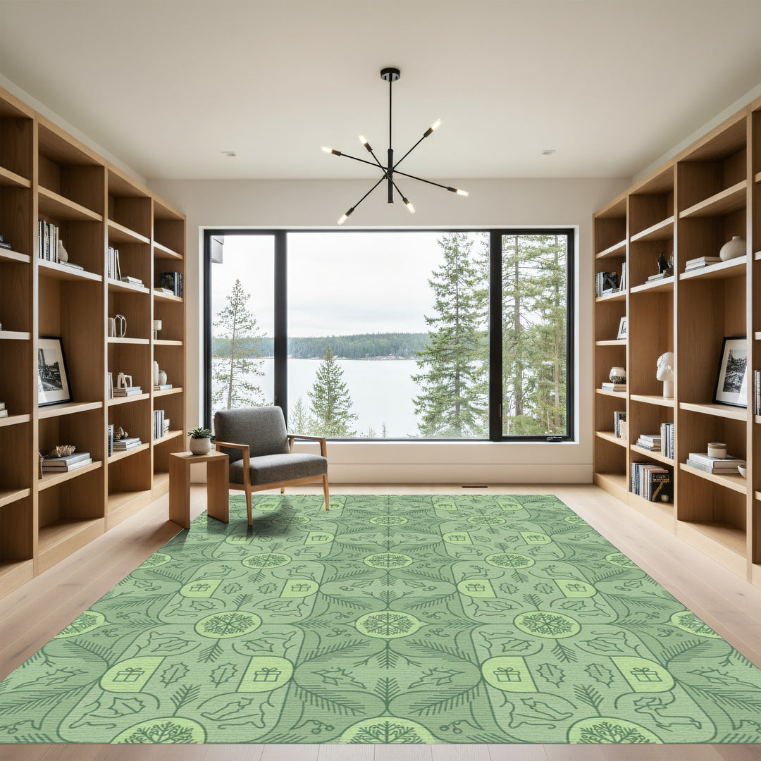 Winter Green Holly and Reindeer Snowflakes Rug